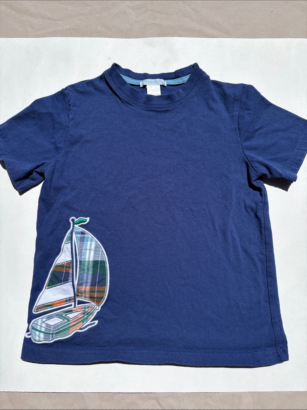 Janie and Jack: Blue T-Shirt, Sailing Plaid Appliqué; Size 5